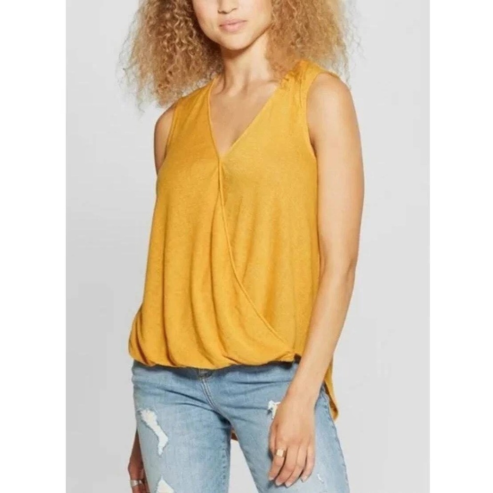 Universal Thread Womens‎ L Yellow Sleeveless Knit Surplice Blouse Top